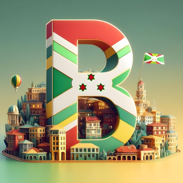 3D-weergave van de letter B tegen de kleurrijke achtergrond van de hoofdstad en vlag van Burundi