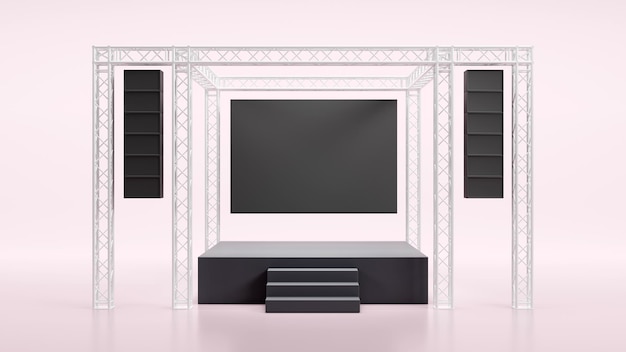 3D-weergave van de podiumshow en truss-constructie met een geluidssysteem voor concertoptredens