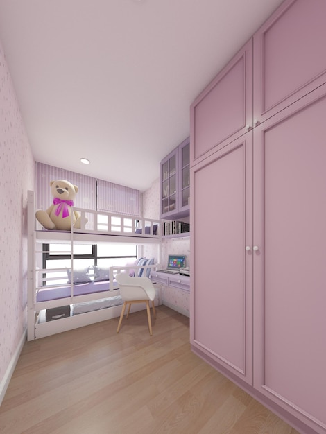 3D-weergave van de slaapkamer van het interieur van een kind