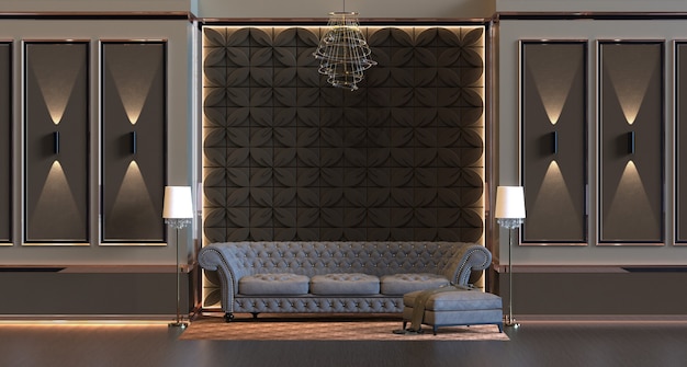 3D-weergave van design interieur woonkamer met lamp en gewatteerd wandpaneel