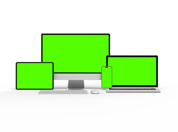 Foto 3d-weergave van desktop, laptop, smartphone en tablet op een lichte achtergrond
