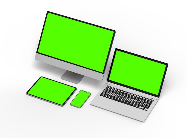 3D-weergave van desktop, laptop, smartphone en tablet op een lichte achtergrond