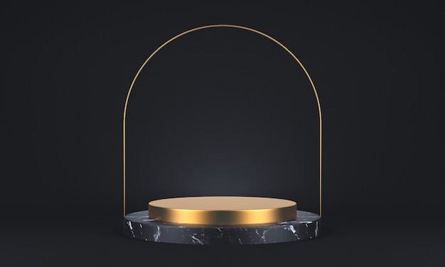 3D-weergave van donker marmer en gouden voetstuk op zwarte achtergrond, rond gouden frame, abstract minimaal concept, lege ruimte, eenvoudig schoon ontwerp, luxe minimalistische mockup. 3D-rendering