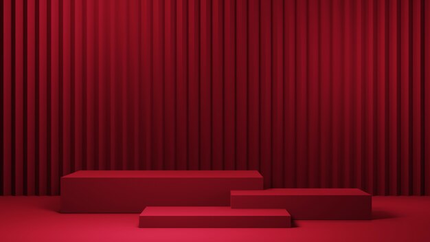 3D-weergave van drie rode vierkante podia voor het weergeven van producten op de achtergrond van de rode kamer. Mockup voor showproduct.