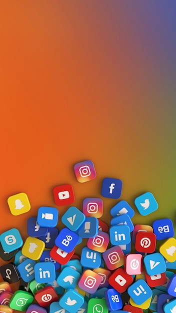 3D-weergave van een aantal vierkante badges met het logo van de belangrijkste apps voor sociale netwerken op een kleurrijke verticale achtergrond
