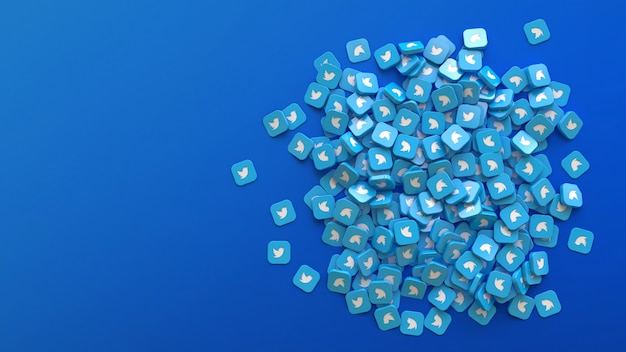 Foto 3d-weergave van een aantal vierkante badges met het twitter-logo op een blauwe achtergrond