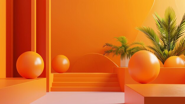 3D-weergave van een abstracte oranje en roze geometrische achtergrond met een podium en bollen Er is een potplant aan de rechterkant van het podium