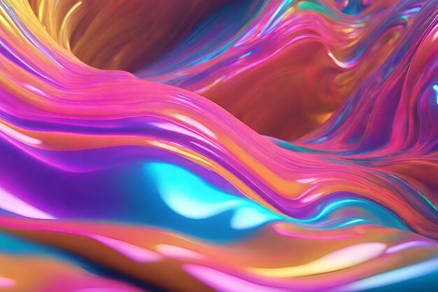 3D-weergave van een abstracte vloeiende iridescente holografische neon gebogen golf in beweging met kleurrijke
