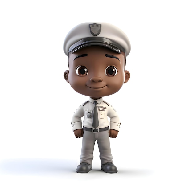 3D-weergave van een Afro-Amerikaanse jongen met een pet en uniform