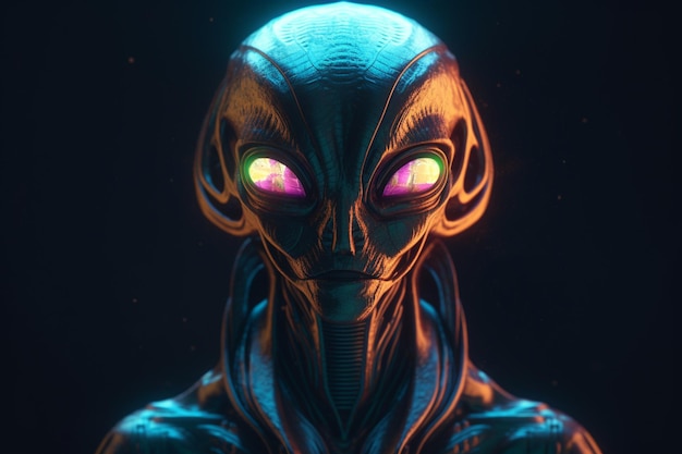 3D-weergave van een alien met neonlichten op een zwarte achtergrond