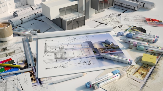 3D-weergave van een architectenbureaublad met een huismodel