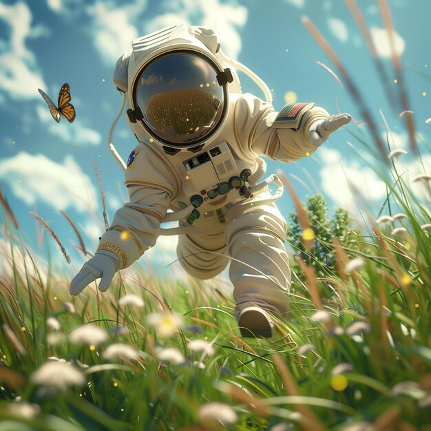 Foto 3d-weergave van een astronaut die met vlinders over een grasveld vliegt