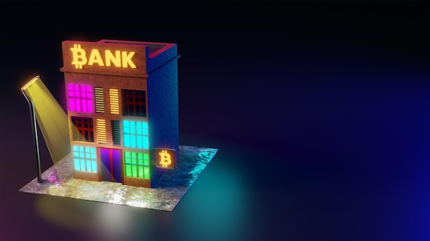 3D-weergave van een bankgebouw op een donkere achtergrond met een neonbord en een bitcoin-bord