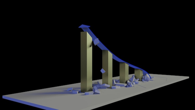 3D-weergave van een bedrijfsgroeigrafiek met een opwaartse pijl en het doorbreken van barrières