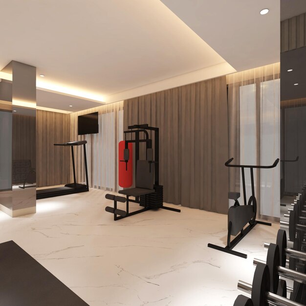 Foto 3d-weergave van een betoverend en voortreffelijk interieurontwerp van een fitnesscentrum