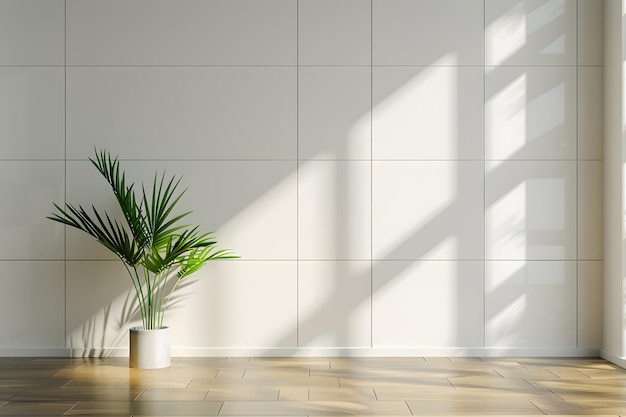 3D-weergave van een binnenkamer met een blauwe muur en een groene plant