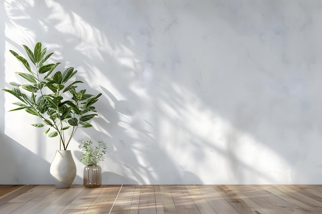 3D-weergave van een binnenkamer met een blauwe muur en een groene plant
