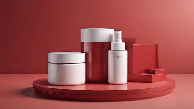3D-weergave van een blanco productachtergrond voor crème cosmetica moderne rode podiumachtergrond