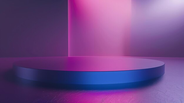 3D-weergave van een blauw en roze podium Het podium bevindt zich in een hoek met een schijnwerper erop De achtergrond is een gradiënt van roze en blauw