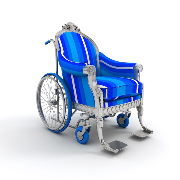 3D-weergave van een blauw gestreepte rolstoel in Louis XVI-stijl
