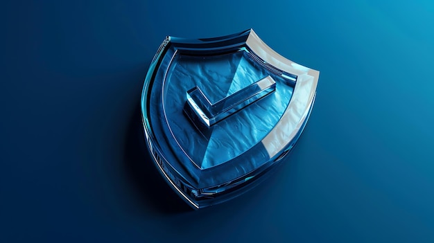 3D-weergave van een blauw glazen schild met een vinkje op een blauwe achtergrond