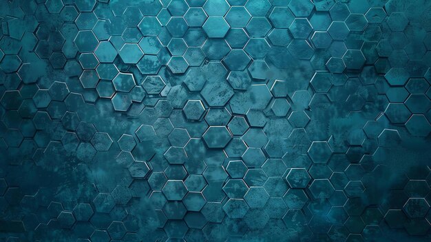 3D-weergave van een blauw zeshoekig rasterpatroon met schuine randen en een grunge textuur
