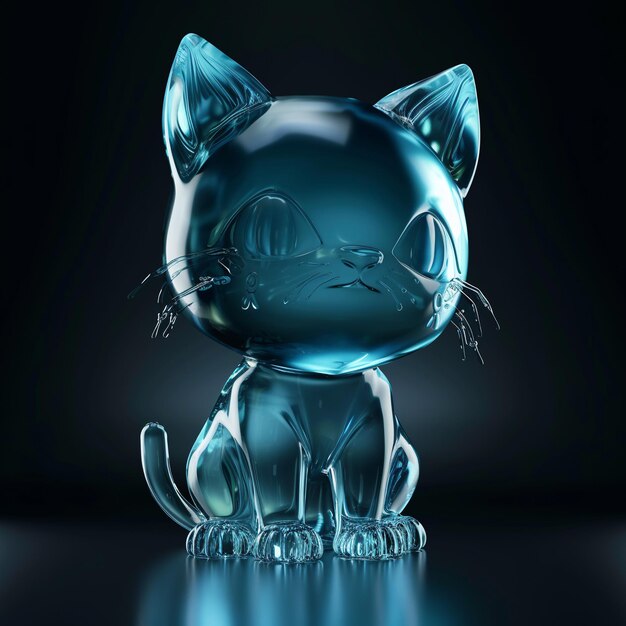 3D-weergave van een blauwe kat met reflectie op een zwarte achtergrond.