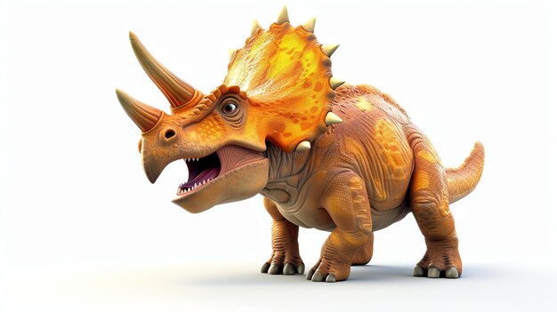 3D-weergave van een cartoon triceratops dinosaurus De triceratop staat op een witte achtergrond en heeft een geel lichaam en oranje frill