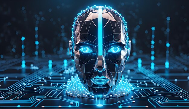 3D-weergave van een concept van kunstmatige intelligentie met een robothoofd op blauwe achtergrond