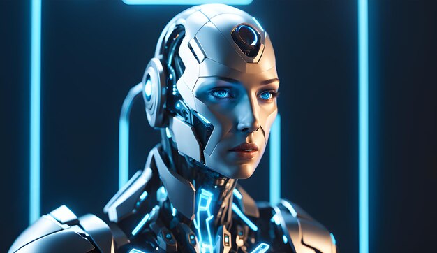 3D-weergave van een concept van kunstmatige intelligentie met een robothoofd op blauwe achtergrond