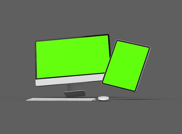 3D-weergave van een desktopcomputer en tablet met een groen scherm op een donkere achtergrond