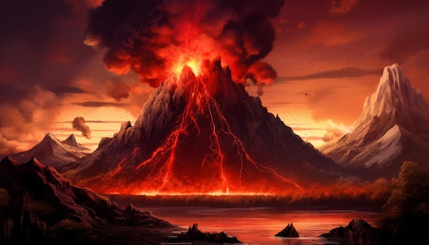 3D-weergave van een donker futuristisch natuurlijk landschap met een explosieve vulkaan en neonverlichte lava