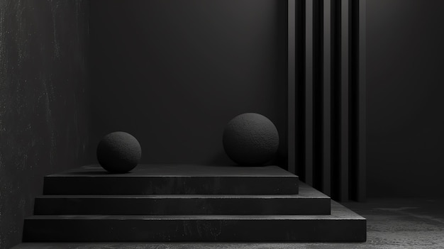 3D-weergave van een donkere en mysterieuze kamer met een schijnwerper die op een klein eenvoudig podium schijnt Er zijn twee bollen op het podium