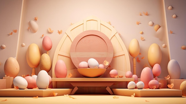 3D-weergave van een eenvoudige en elegante achtergrond met een paasthema. De scène toont een houten tafel met een schaal vol paaseieren.