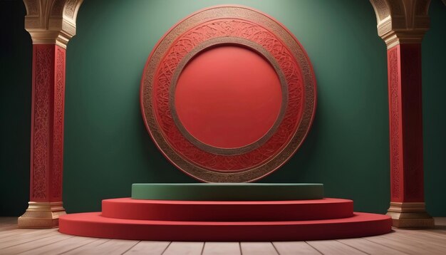 3D-weergave van een elegant rood-groen productdisplay podium