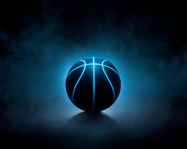 3D-weergave van een enkel zwart basketbal met helderblauwe gloeiende neonlijnen in een volledig zwarte omgeving