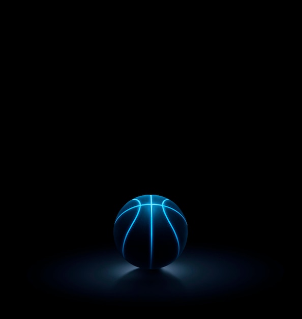 3D-weergave van een enkele zwarte basketbal met felblauwe gloeiende neonlijnen in een volledig zwarte omgeving