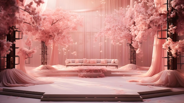 3D-weergave van een fantasy luxe abstracte bruiloft achtergrond met een podium en bloemen