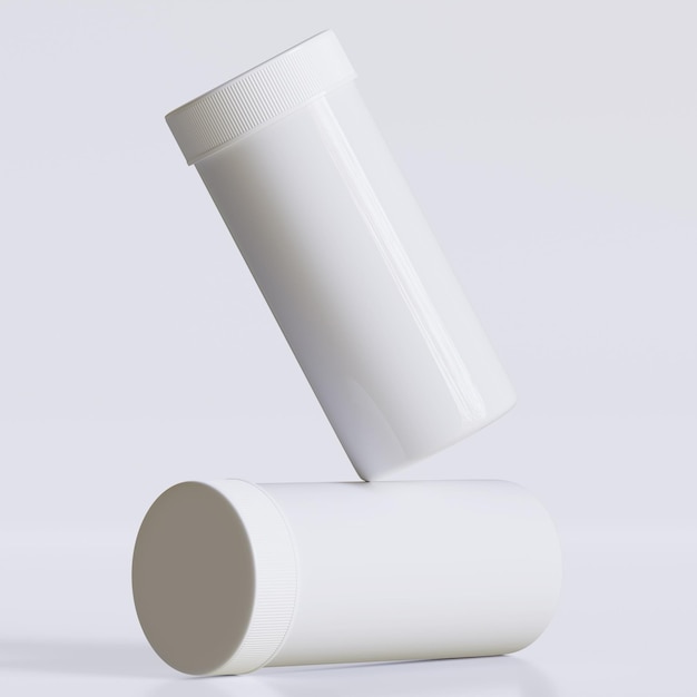 3D-weergave van een fles met medische pillen op een grijze achtergrond