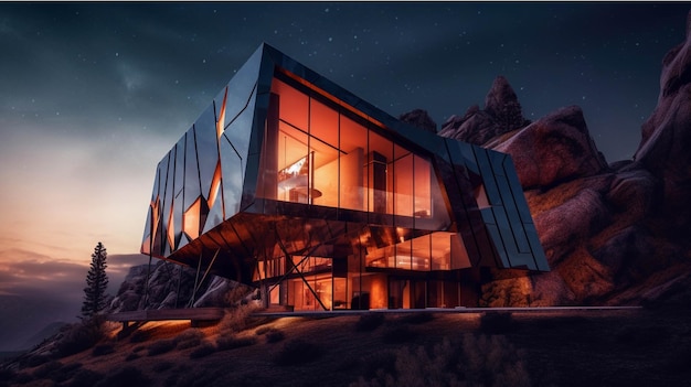 3D-weergave van een futuristisch gebouw in de bergen's nachts