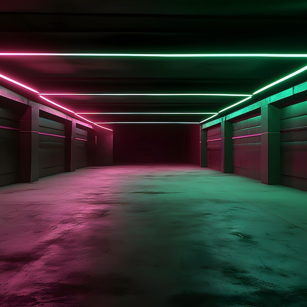 3D-weergave van een futuristische gang met neonverlichting Futuristische achtergrond