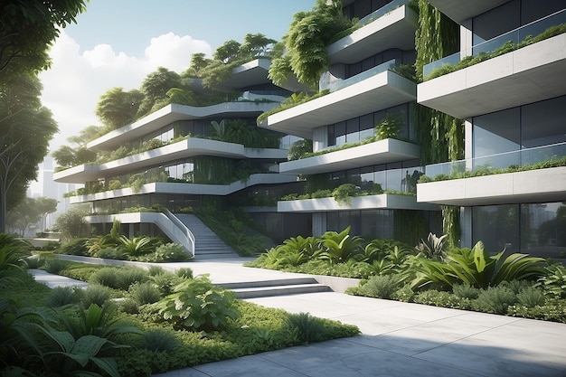3D-weergave van een futuristische moderne constructie met vegetatie die erop groeit