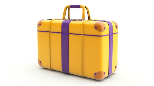 3D-weergave van een gele koffer met paarse accenten De koffer zit op een witte achtergrond en is gesloten