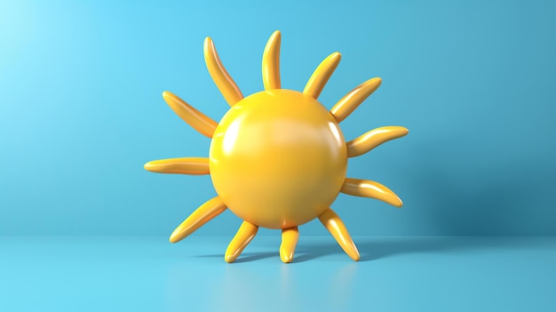 3D-weergave van een gele zon op een blauwe achtergrond De zon heeft een eenvoudig cartoon-achtig ontwerp en kijkt naar de kijker