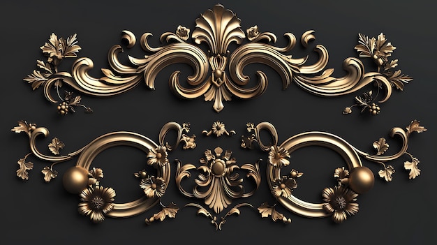 3D-weergave van een gouden decoratief element met bloemenmotieven geïsoleerd op een zwarte achtergrond