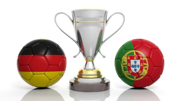 3D-weergave van een gouden zilveren trofee en voetbal