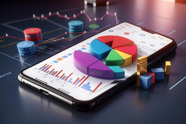 3D-weergave van een grafiek op het scherm van een smartphone met een pie-diagram op het achtergrondconcept van online trading