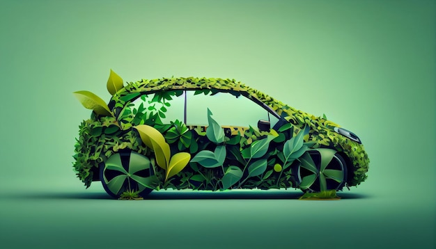 3D-weergave van een groen eco-autoconcept dat bestaat uit groene bladeren