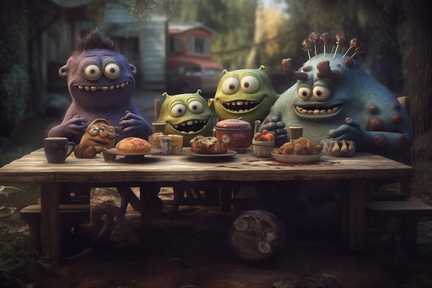 3D-weergave van een groep grappige monsters in het bos 3D illustratie Vintage stijl