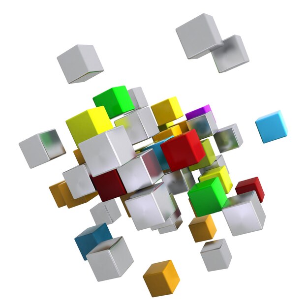 3D-weergave van een groep metalen kubieke vormen in chroom